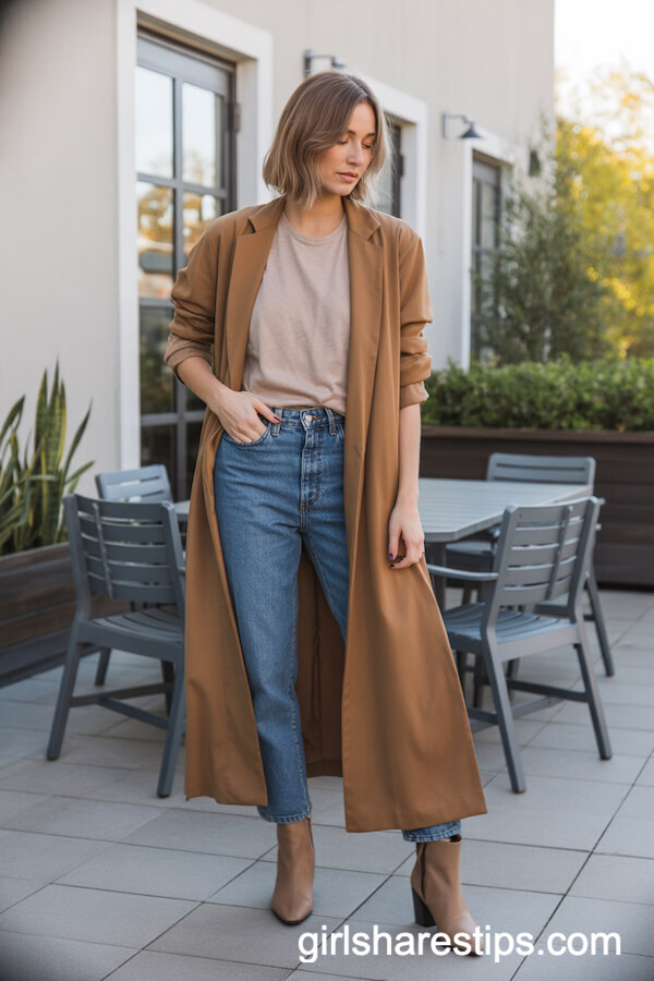 Tan Duster Coat with Blue Jeans
