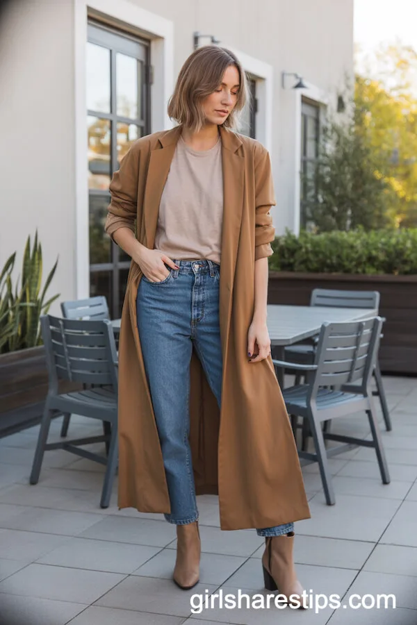 Tan Duster Coat with Blue Jeans