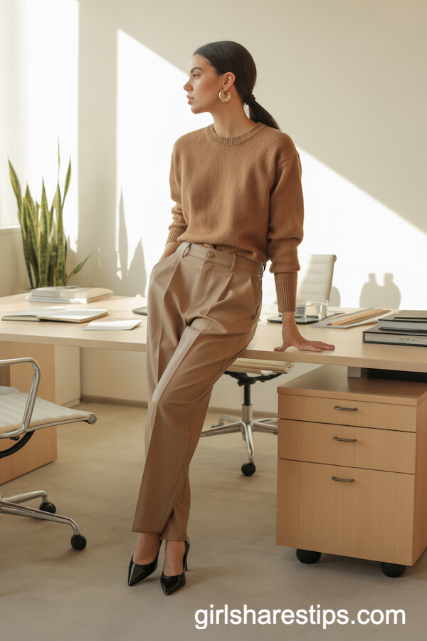 Camel Sweater and Trousers Coordinated Set