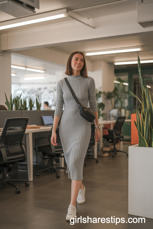 Gray Knit Dress with White Sneakers