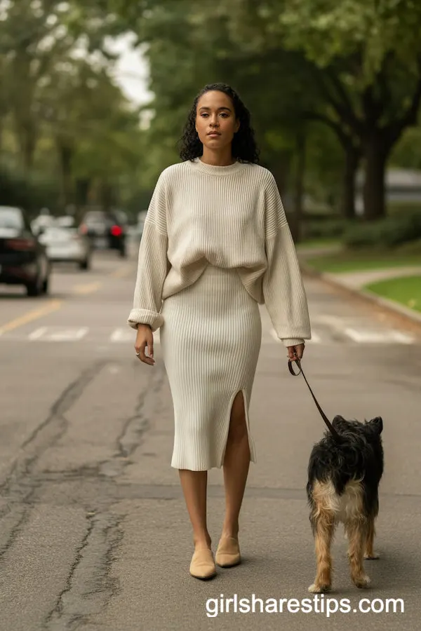 Ribbed Cream Pencil Skirt Oversized Sweater