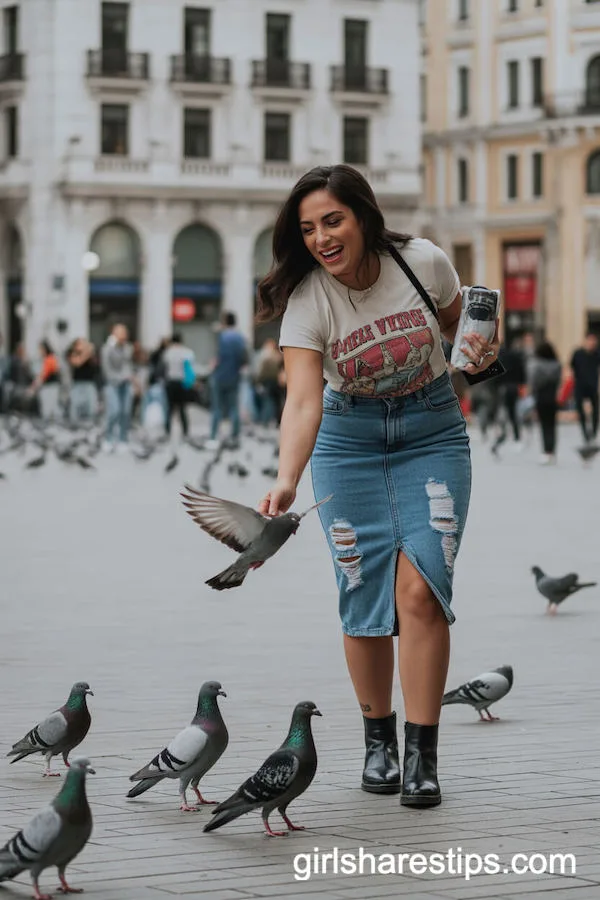 Distressed Denim Pencil Skirt and Vintage Tee for Playful City Plazas