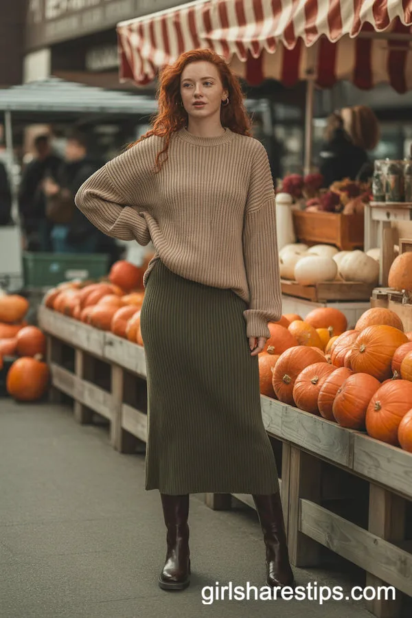 Olive Green Knit Pencil Skirt and Beige Sweater for Autumn Market Days
