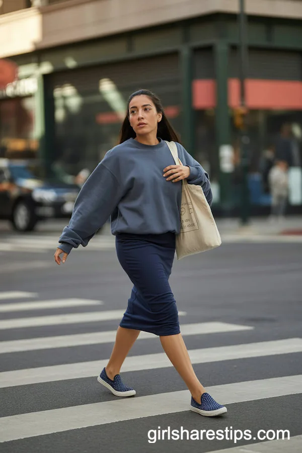 Navy Pencil Skirt, Oversized Sweatshirt, Canvas Shoes for Candid City Walks
