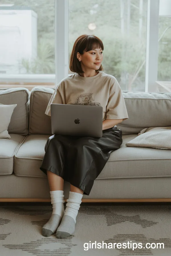 Black Pencil Skirt and Oversized Graphic Tee for Cozy Work-From-Home Style