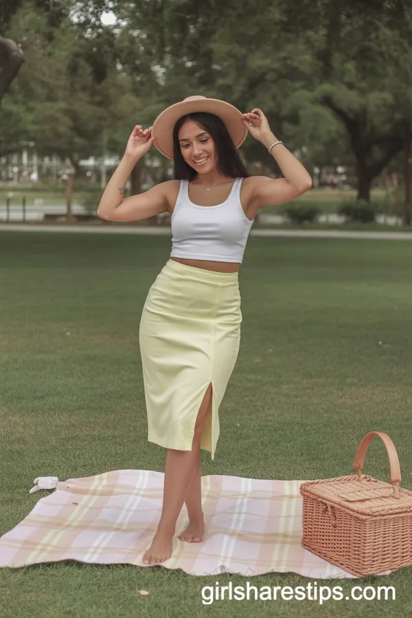 Pastel Yellow Pencil Skirt and White Crop Top for Park Picnic Vibes