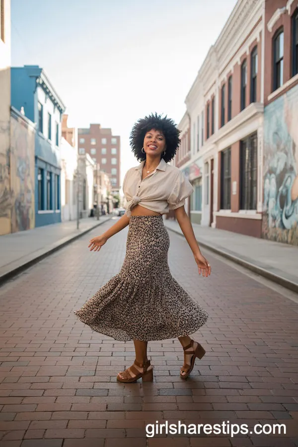 Boho Print Pencil Skirt with Loose Blouse and Chunky Sandals for Artistic Streets