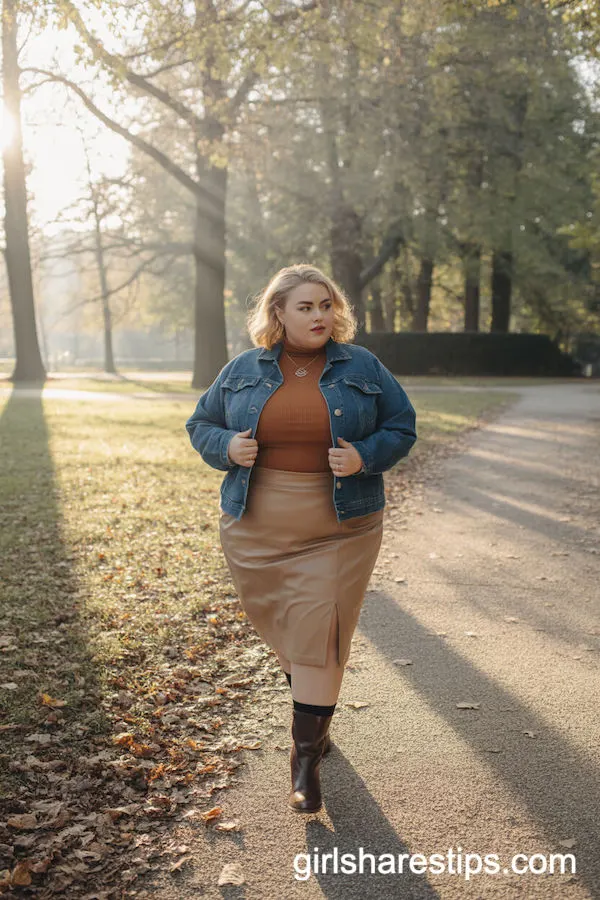 Camel Pencil Skirt with Burnt Orange Turtle Neck and Denim Jacket for Fall Park Outings