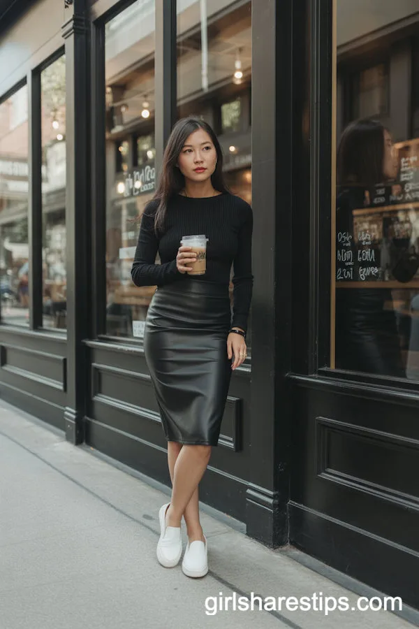 Black Jersey Pencil Skirt and Fitted Sweater for Stylish Coffee Shop Days