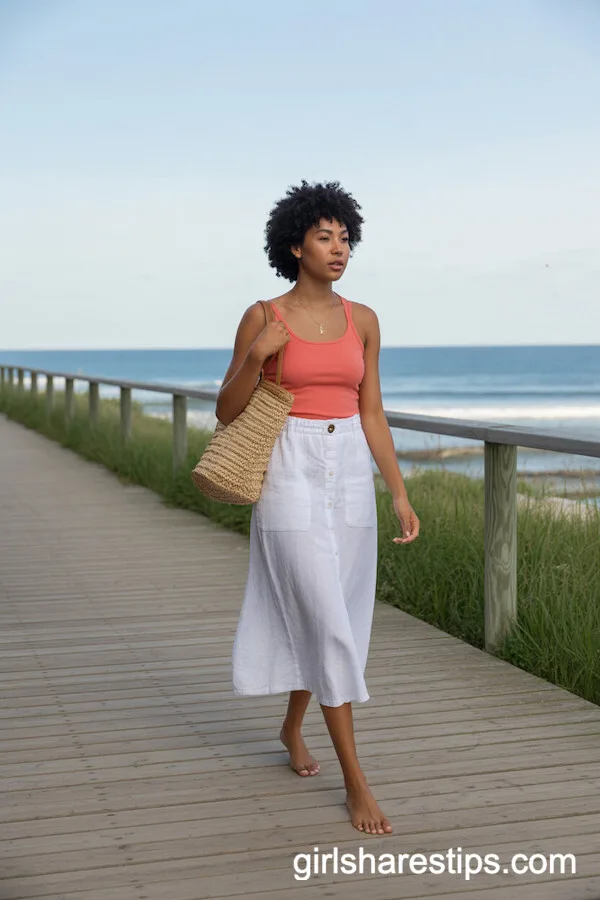 White Linen Pencil Skirt with Coral Tank Top for Seaside Summer Strolls