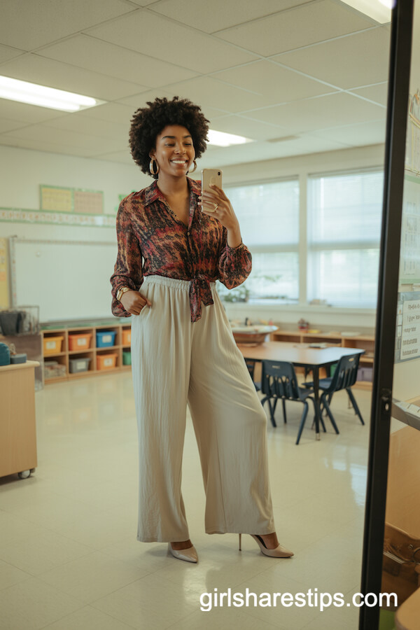 Patterned Blouse & Wide-Leg Pants