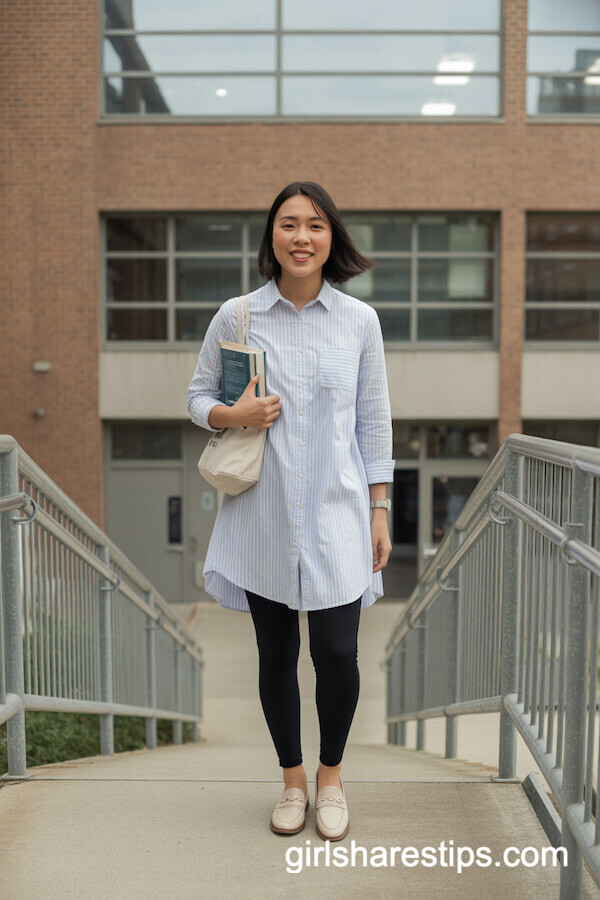 Stripe Shirt Dress & Black Leggings