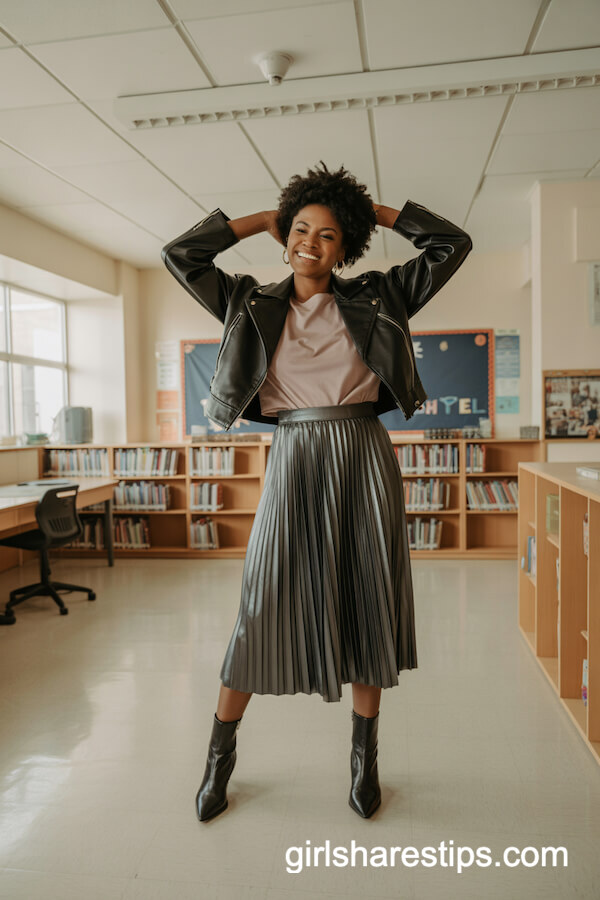 Pleated Metallic Skirt & Leather Jacket