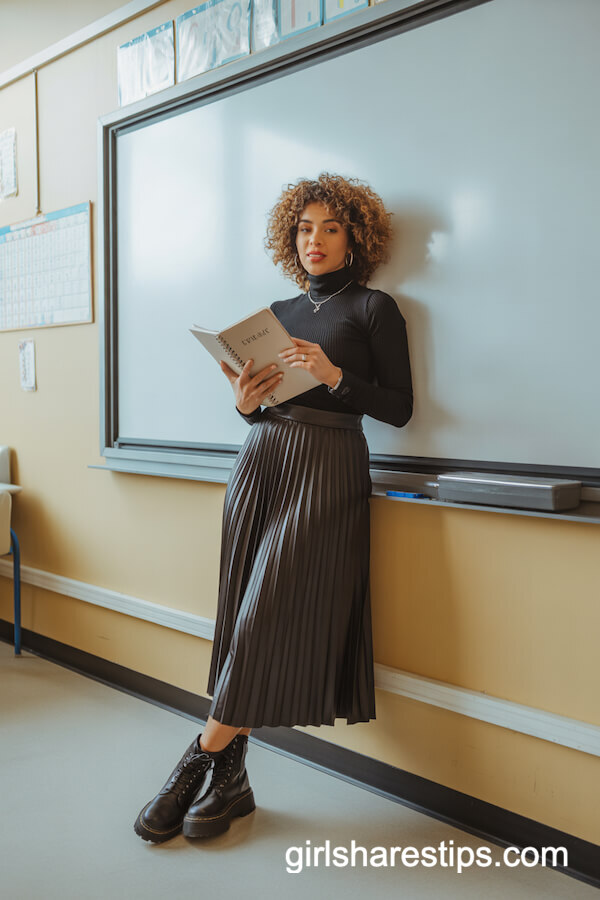 Black Turtleneck & Pleated Skirt