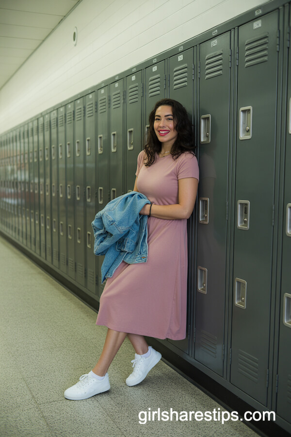 Pastel Midi Dress And Denim Jacket