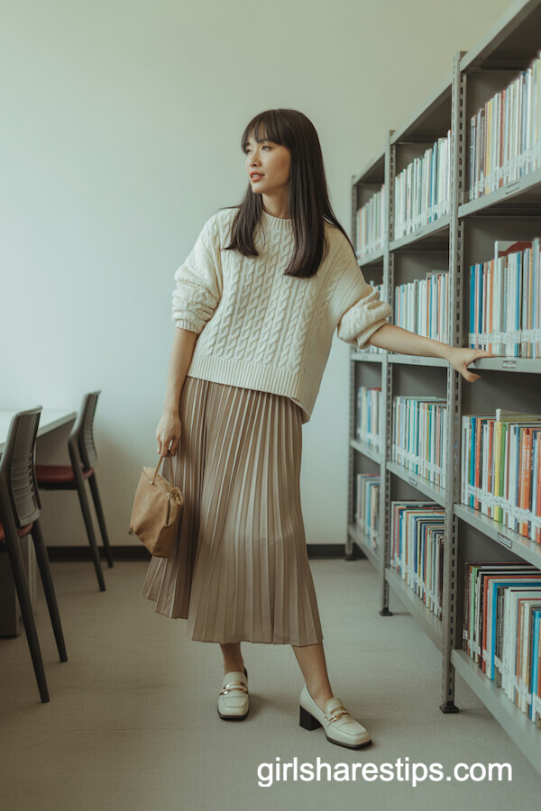Pleated Skirt & Cable Knit Sweater