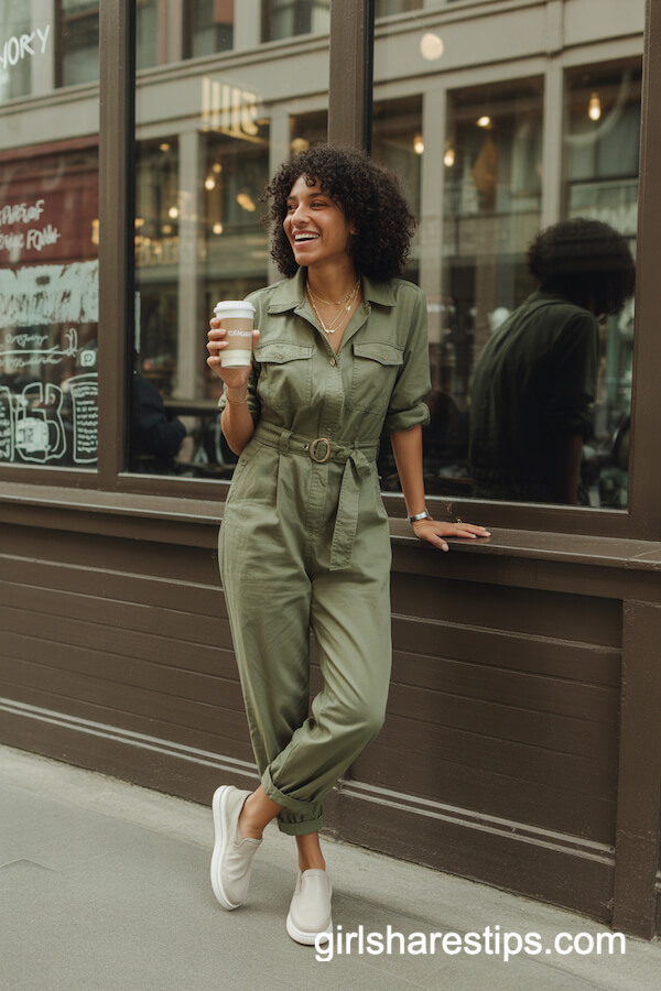Olive Green Jumpsuit Slip-On Shoes