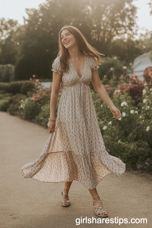 Boho Floral Maxi Dress with Gold Jewelry and Strappy Sandals