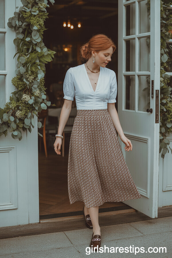 Patterned Midi Skirt with White Blouse and Simple Jewelry