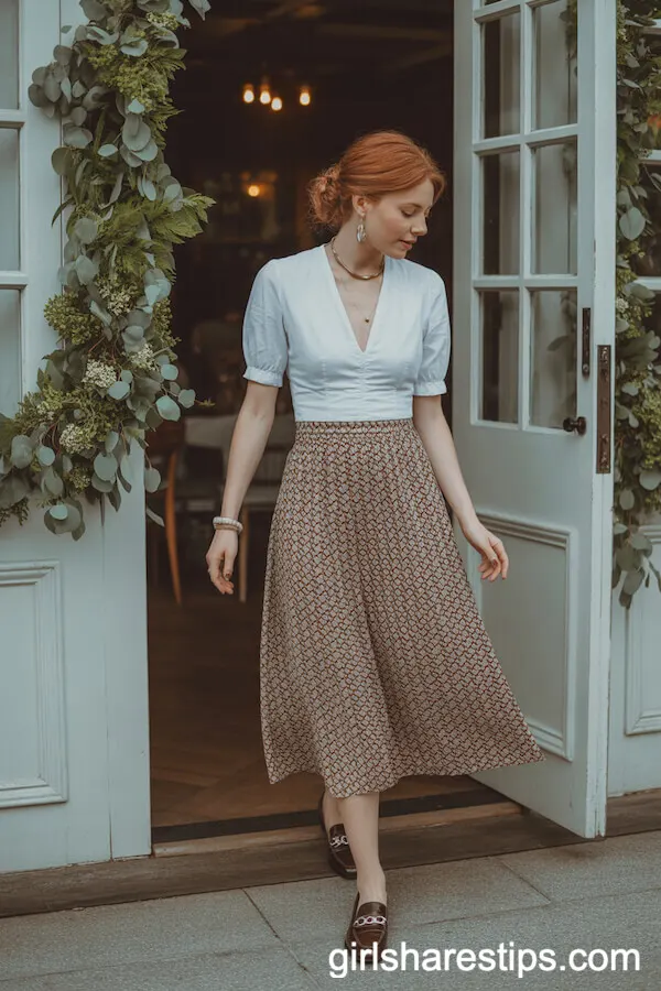 Patterned Midi Skirt with White Blouse and Simple Jewelry