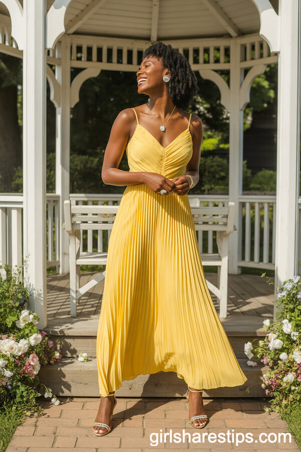 Vibrant Yellow Pleated Maxi Dress with Stiletto Sandals