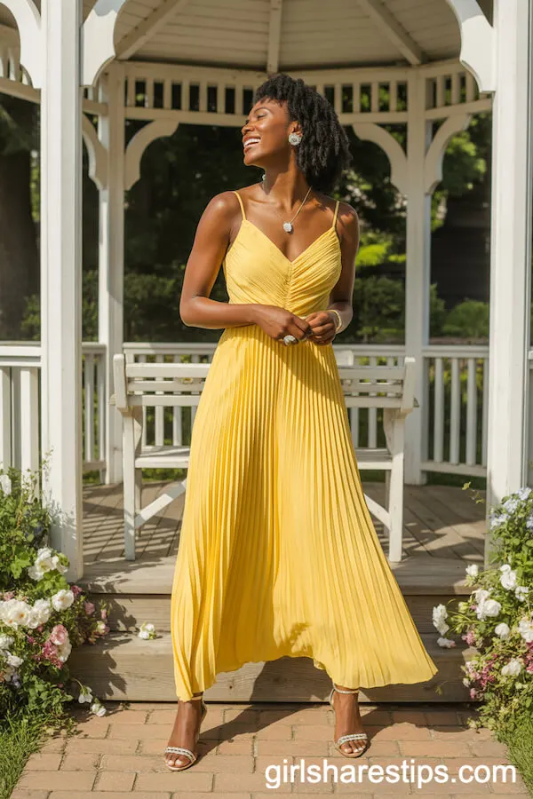 Vibrant Yellow Pleated Maxi Dress with Stiletto Sandals