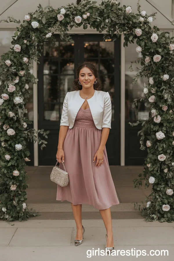 Dusty Rose A-Line Dress with White Bolero and Metallic Heels