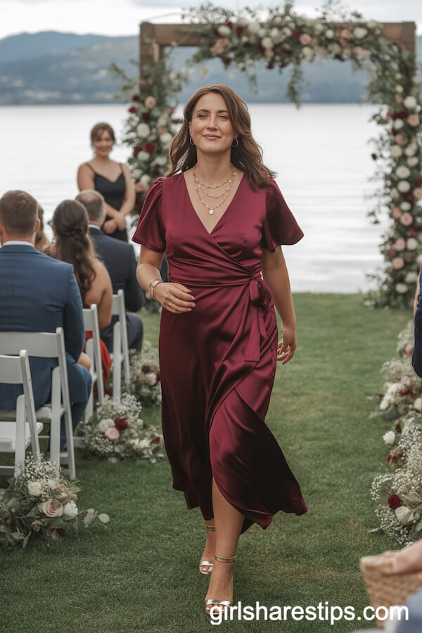 Burgundy Crepe Wrap Dress with Ankle-Strap Heels and Gold Necklaces