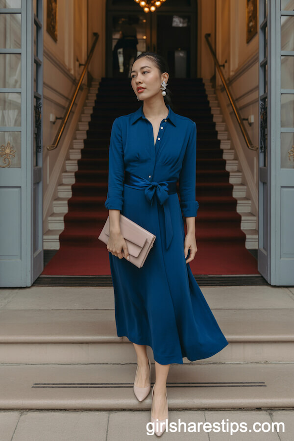 Elegant Deep Blue Shirt Dress with Satin Belt and Pearl Details