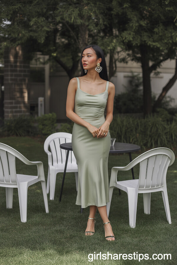 Fitted Sage Green Midi Dress with Statement Earrings and Ankle-Strap Sandals