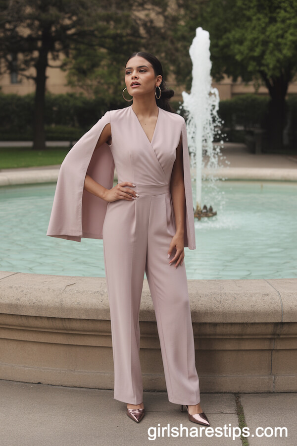 Pastel Jumpsuit with Cape Sleeve and Metallic Pointed Heels