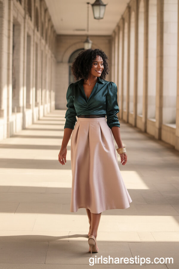 Blush Pink Structured Midi Skirt with Emerald Green Silk Blouse