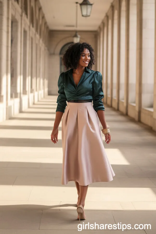 Blush Pink Structured Midi Skirt with Emerald Green Silk Blouse