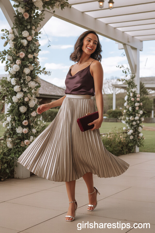 Metallic Pleated Skirt with Plum Satin Cami and Velvet Clutch