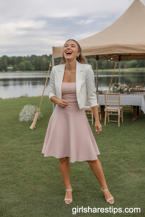 Pastel Flared Knee-Length Skirt with Fitted Tank and Cropped Blazer