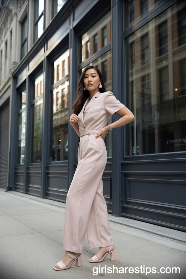 Pale Pink Tailored Jumpsuit with Block Heels and Pearl Earrings