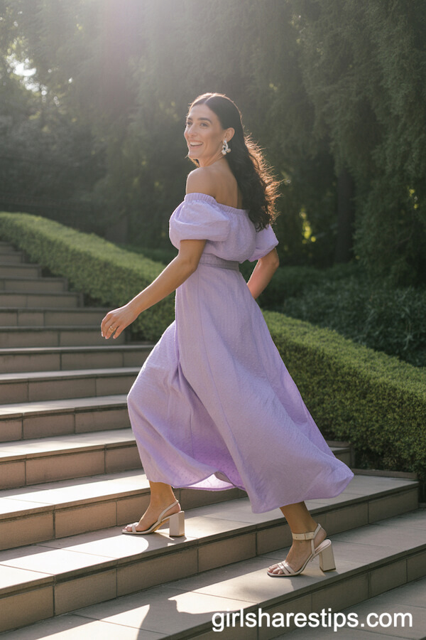 Lavender Off-the-Shoulder Midi Dress with Beige Block Heels