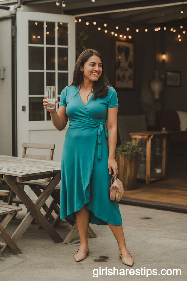 Teal Wrap Dress with Nude Flats for a Rustic Wedding Look