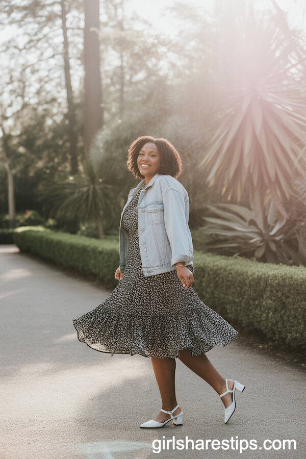 Printed Midi Dress with Denim Jacket and White Low Heels