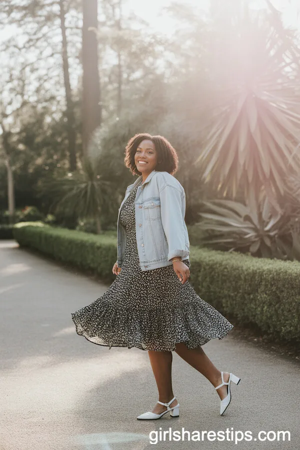 Printed Midi Dress with Denim Jacket and White Low Heels