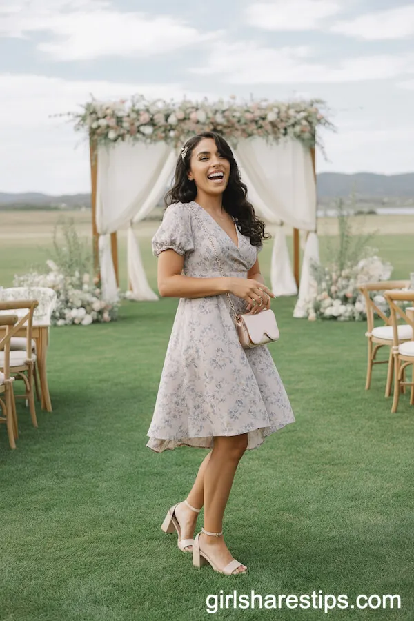 Knee-Length Floral Dress with Block Heels and Crossbody Bag