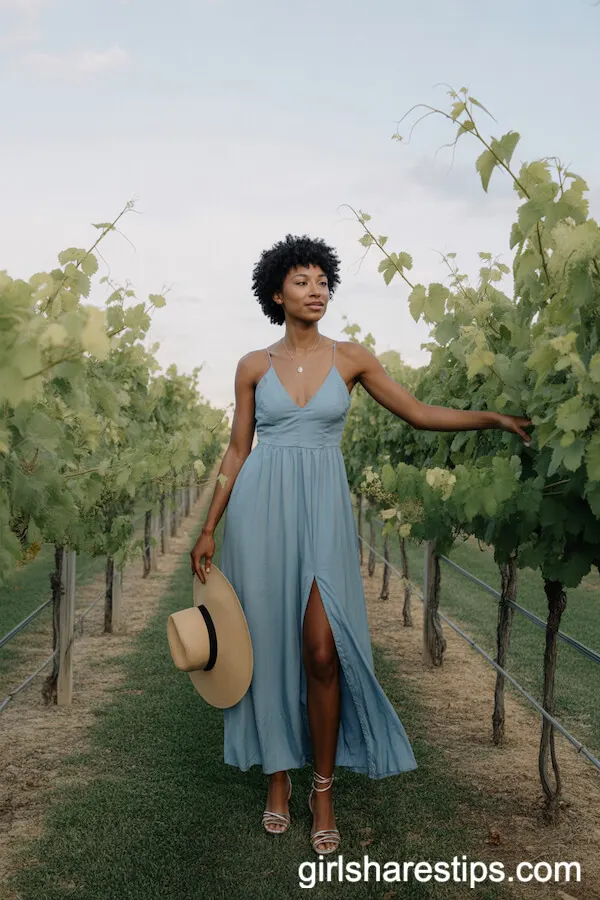 Dusty Blue Maxi Dress with Slit and Strappy Sandals