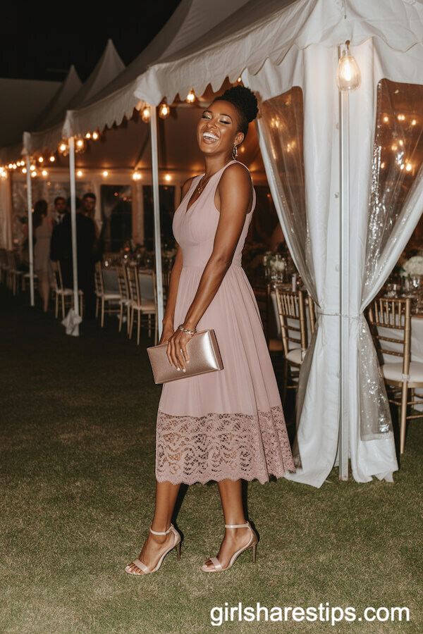 Lace-Hem Midi Dress with High Heel Sandals and a Structured Clutch