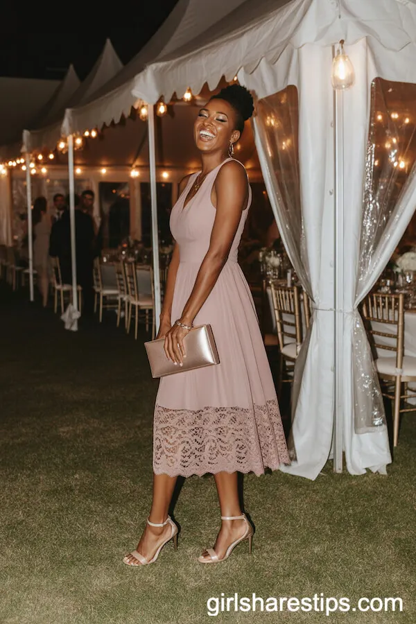 Lace-Hem Midi Dress with High Heel Sandals and a Structured Clutch