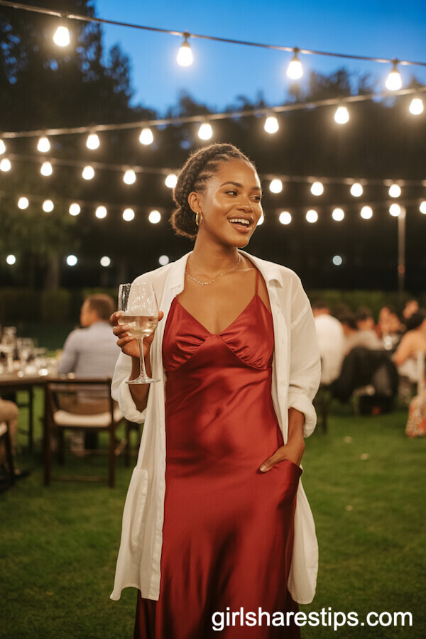 Bold Red Slip Dress with Lightweight Cardigan and Braided Updo