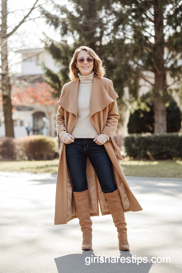 Camel Wrap Coat with Skinny Jeans and Knee-High Boots