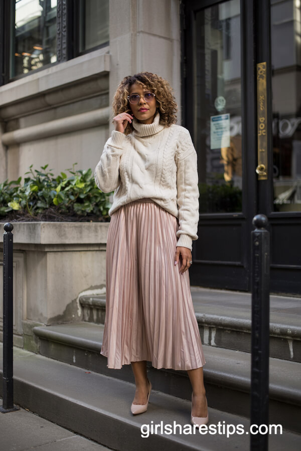 Chunky Cable Knit Sweater with Pleated Midi Skirt