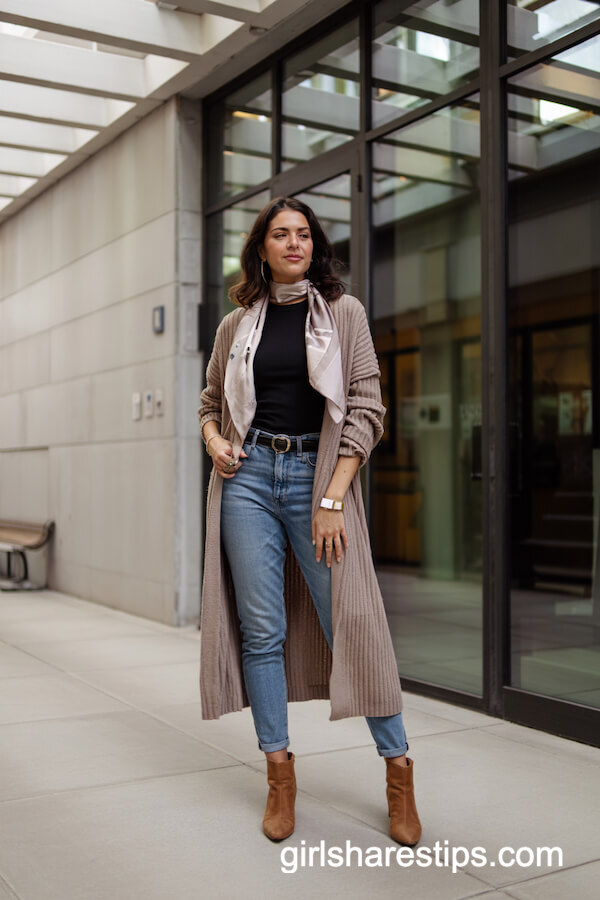 Longline Cardigan with Jeans and Silk Scarf