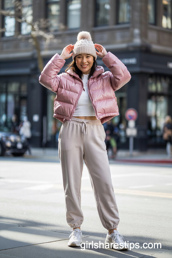 Cropped Pink Puffer with Joggers and Sneakers