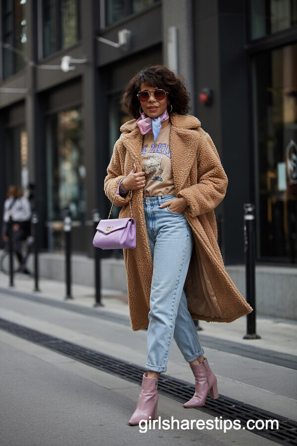 Teddy Bear Coat with Graphic Tee and Mom Jeans